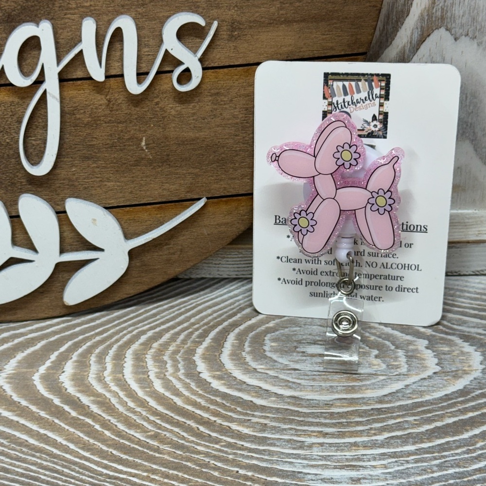 Pink Balloon Dog Badge Reel